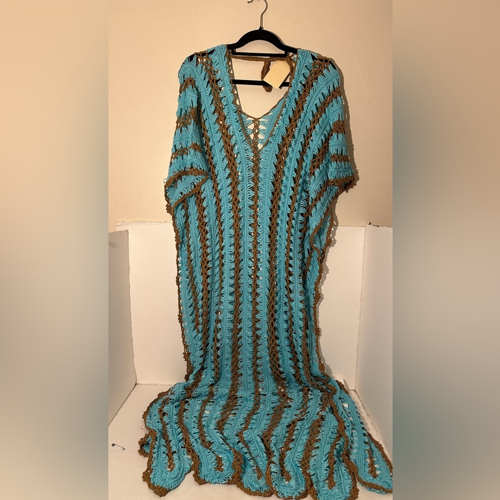 Elegant Blue and Brown Crochet Dress